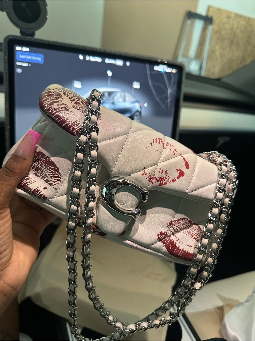 Coach White Quilted Leather Crossbody with Red Kiss-Prints